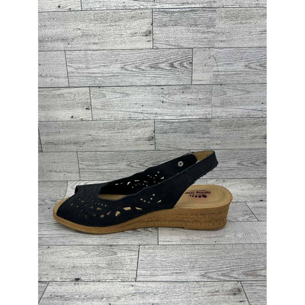 Spring Step Women Black Leather Perforated Slingback Wedge Sandals Size 41‎
